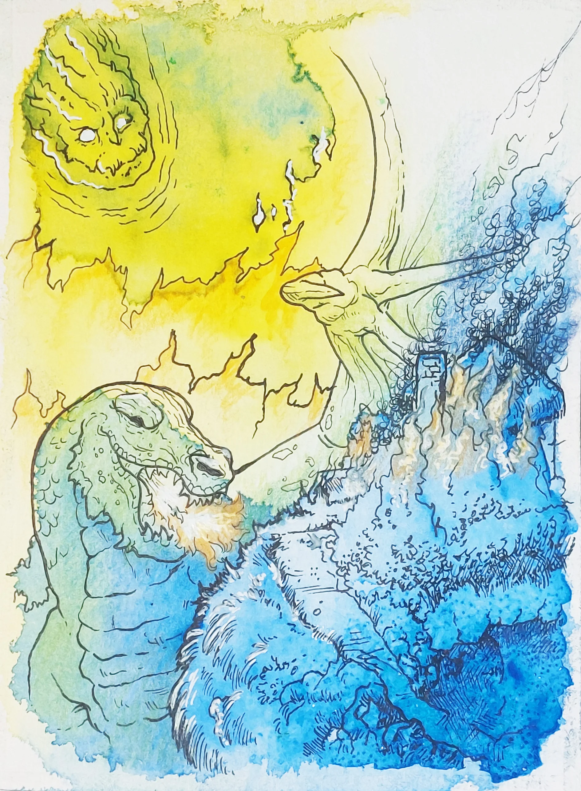 Apocalyptic watercolor of kaiju creatures battling amid flames and rising water